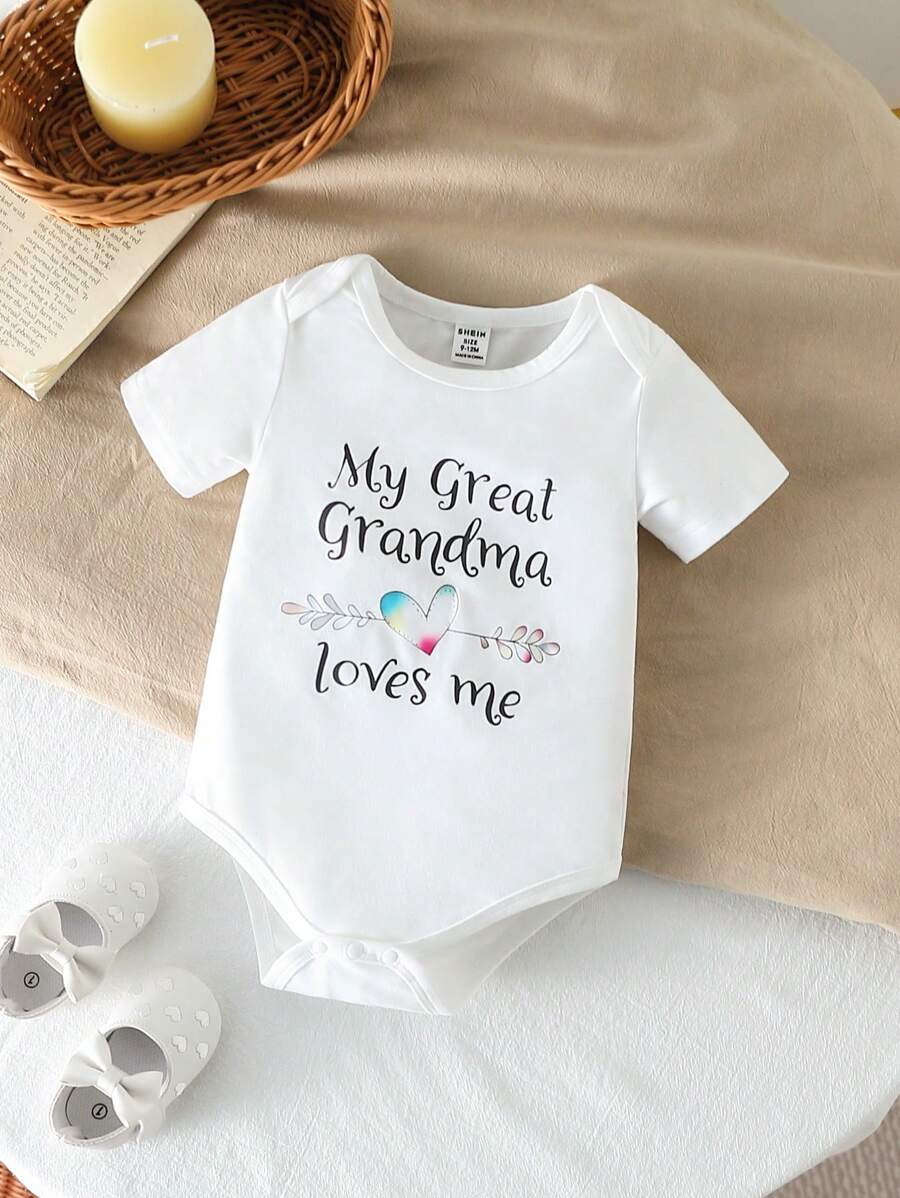 SHEIN Baby Girls Can Wear Cute, Fun, Simple And Casual Clothes In Spring And Summer. My Great Grandparents Love Me, And I Have An English Printed Bodysuit Grandma Baby Clothes - White - View 1