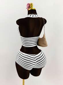Amplova 2pcs/Set Deep V Halter Tie Front Mini Shorts, Striped - Black and White - View 2