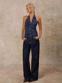 SHEIN Forever 21 夏季女士生日 90 年代商务休闲西部装 外出休闲 Y2K 复古狂欢节街头装度假乡村音乐会单身派对毕业 A 字裙/牛仔裙/无袖/独立日女士/海滩度假/牛仔上衣 - 中等水洗藍 - 查看 5