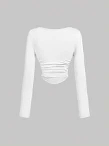 SHEIN MOD 3 件女式褶皱休闲方领长袖 T 恤套装，保暖服装，秋季女装，外出上衣，假日女装，新年，红色上衣 - 紅色 - 查看 10