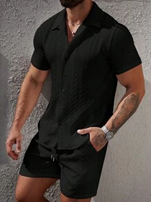 Manfinity CasualCool 男士夏季休闲纯色短袖衬衫和短裤套装