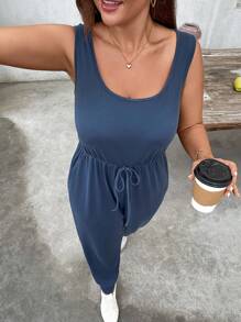 SHEIN LUNE 大码女式夏季纯色腰带休闲无袖圆领口袋连体裤 - 藍色 - 查看 6