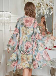 Slumberist 时尚花卉印花蕾丝下摆吊带睡裙和睡袍套装 - 彩色 - 查看 2