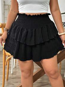 SHEIN PETITE Plus Size Women Elastic Waist Ruffle Black Skirt Shorts - Black - View 6