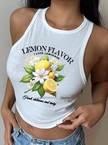 SHEIN EZwear Casual Minimalist Fresh Lemon Flower Pattern Round Neck Bodycon Tank Top, Suitable For Summer, Back To School, Spring Break, Girls Trip, Beachwear, Natural Women Tank Tops Lemon Tank Top Graphic Tank Tops Summer Tank Tops White Tank Top - White - View 3