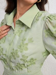 Modelyn 女式翻领腰带绿色刺绣连衣裙 - 綠色 - 查看 9