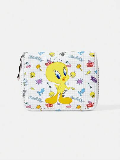 LOONEY TUNES X SHEIN 1 pieza Cartera con cremallera sencilla con patrón de cereza, estrella y pato amarillo grande, monedero para mujer