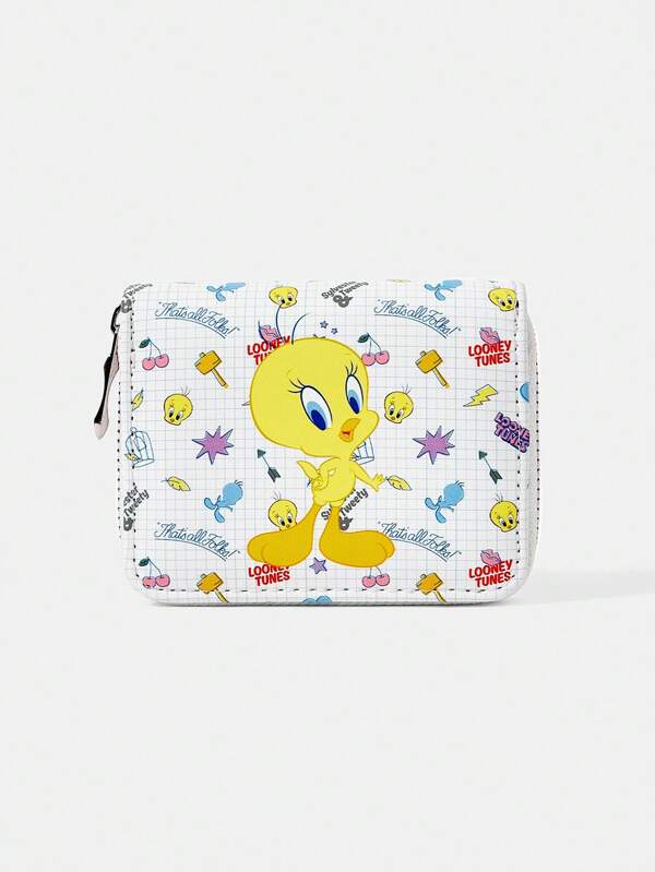 LOONEY TUNES X SHEIN 1 pieza Cartera con cremallera sencilla con patrón de cereza, estrella y pato amarillo grande, monedero para mujer