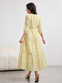Modelyn Elegant Long Women's Floral Embroidered Puff Sleeve Square Neck Dress, Light Yellow, Spring & Summer - Light Yellow - View 2