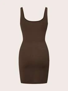 Solid Color Sleeveless Shaping Casual Midi Dress - Chocolate Brown - View 2