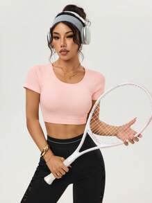 Easithlete Top corto sin costuras de manga corta para fitness - Rosa - Ver 6