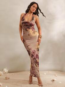 Silquee 夏季女式花卉印花紧身长款度假连衣裙，女式夏装，女式夏装，女式度假连衣裙，女式度假连衣裙，海滩度假连衣裙，适合约会之夜、女生派对、生日派对、夜总会、派对节、派对、休闲日常穿着， - 彩色 - 查看 4