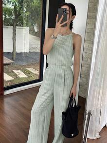 DAZY 女士夏季条纹细肩带裤两件套休闲套装 - 綠色 - 查看 2