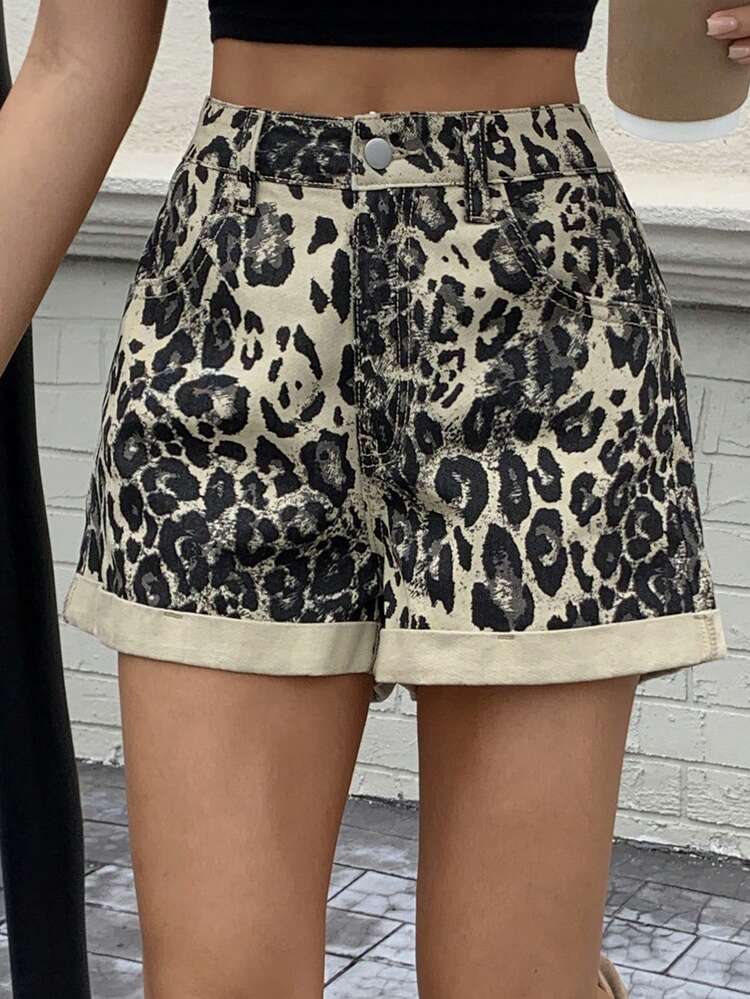 Women's Leopard Print Cuffed Casual Denim Shorts, Street Style Jorts