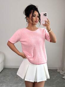 Elenzga 女士优雅通勤休闲双面针织短袖毛衣，搭配可爱蝴蝶结撞色粉色 - 粉色 - 查看 2