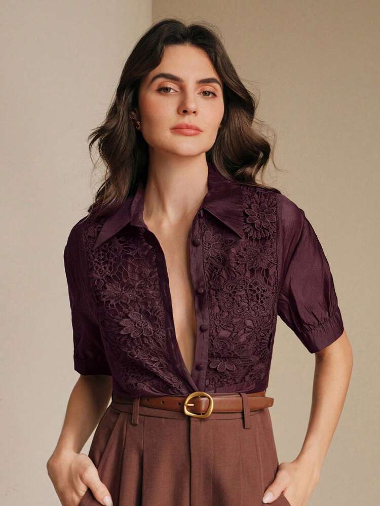 Elegant Modern Holiday/Vacation Sheer Lace Trim Blouse, Suitable For Spring, Summer, Festivals, Graduations