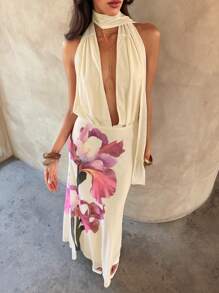 Aloruh Robe longue élégante et sexy à col V profond et dos nu avec imprimé floral, robe de thé pour femmes, robes d'été pour femmes, tenues de lune de miel pour femmes, tenues de vacances sur l'île, robe de demoiselle d'honneur pour femmes, robes d'été pour femmes, robes élégantes pour fête, robe de vacances pour femmes