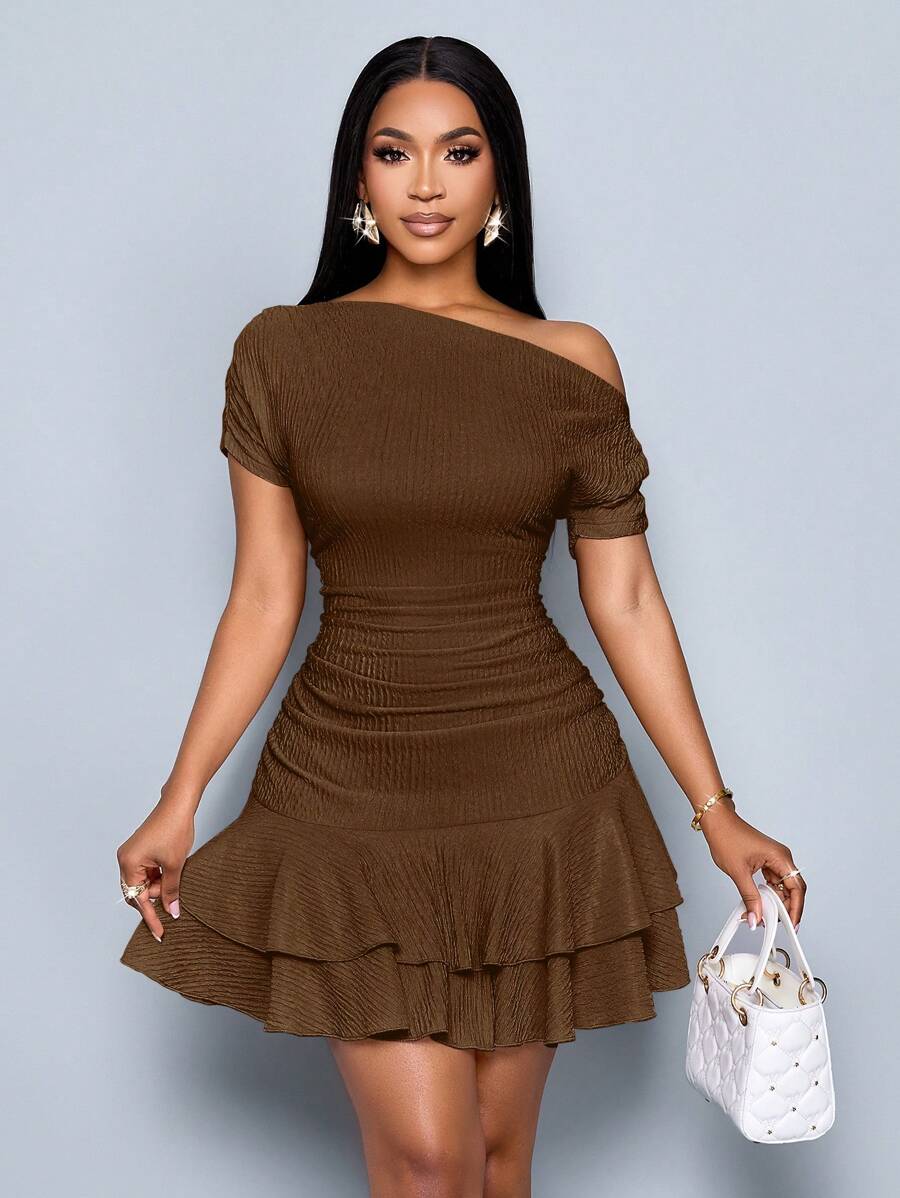 SOLERSUN Women's Elegant Party Daytime Apricot Knitted Asymmetrical Neck Neck Long Sleeves Gathered Double Ruffle Mini Dress - Coffee - View 1