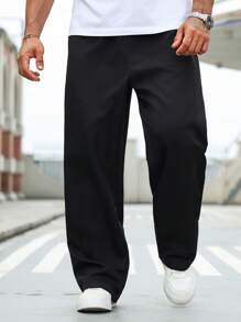 Manfinity Homme Plus Size Men's Casual Solid Color Drawstring Sweatpants, Loose Straight Leg Casual Black Slacks Pants, Fall - Black - View 4