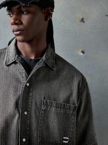 NEON BLANC 男士街头时尚黑色梭织竖条纹渐变牛仔短袖衬衫，学校风 - 淺灰色 - 查看 5