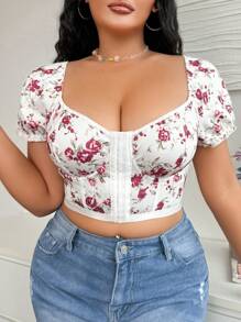 SHEIN 大码女式花卉印花甜心领短袖钢圈文胸 - 彩色 - 查看 3