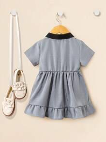 Elladie kids 女婴甜美蝴蝶结领荷叶边下摆夏装 - 灰色 - 查看 4