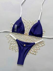 Swim Mod Women's New V-Neck Metal Decor Solid Color Halter Backless Triangle Bikini Two Pieces Swimsuit, Sexy Thong, Spring/Summer