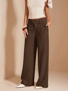 SHEIN BAE 女士纯色奶油白色阔腿裤，休闲低腰裤，适合日常、度假、办公室穿着，春夏季 - 咖啡棕 - 查看 6