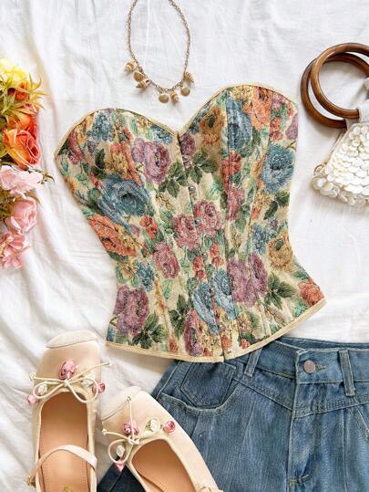 Soleia 女士复古宫廷风格提花抹胸，后背抽绳吊带背心