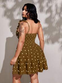 Viva Relle Plus Size Women's Woven Polka Dot Deep V Neck Ruffle Hem Sexy Elegant Romantic Bowknot Dress - Mocha Brown - View 6