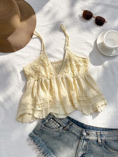 Comfortcana 女士休闲蕾丝拼布无袖背心，淡黄色，夏季