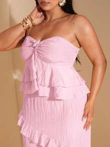 SHEIN BAE 加大码女式黄色和浅黄色纹理荷叶边长裙，非常适合度假、约会之夜、伴娘、派对、优雅夏季细肩带长裙、婚礼宾客礼服女式 - 淺粉色 - 查看 5