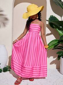 Tween Girls Fashion Vacation Pink Spaghetti Strap A-Line Long Dress - Pink - View 5