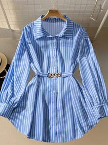 SHEIN LUNE Áo sơ mi dài tay đèn lồng trang trí kim loại cho nữ, thanh lịch và thời trang - Xanh và trắng - Xem 1