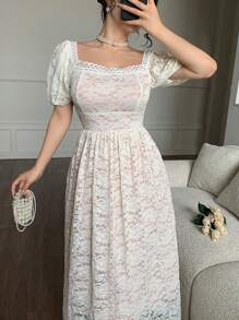 Modelyn Đầm midi thắt eo ren lãng mạn cho nữ, thanh lịch và thời trang - trắng - Xem 1