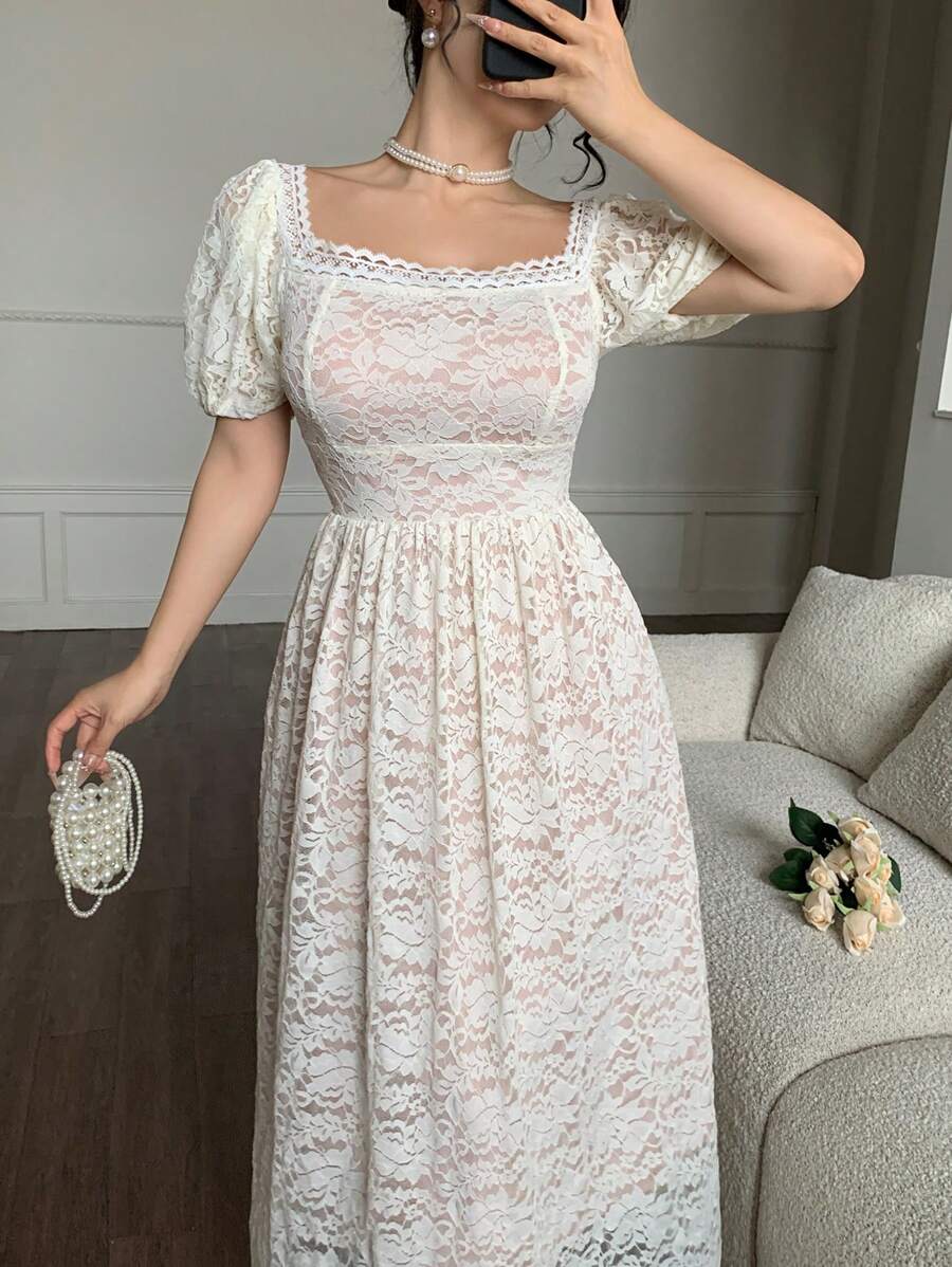 Modelyn Đầm midi thắt eo ren lãng mạn cho nữ, thanh lịch và thời trang - trắng - Xem 1