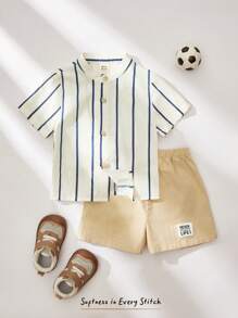 Cozy Pixies 2件套男宝宝彩色条纹领短袖开衫和松紧腰短裤套装，男宝宝夏季服装，男宝宝夏季套装，男宝宝条纹衬衫套装，男宝宝衣服，男宝宝亚麻套装
