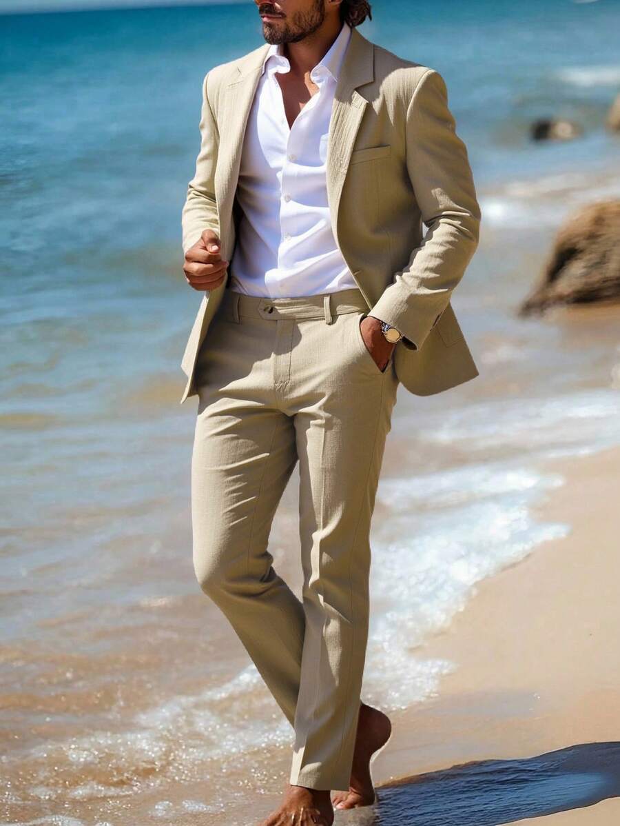 Manfinity Homme Men's Solid ColorLong Sleeve Casual Blazer Suit Set - Khaki - View 1