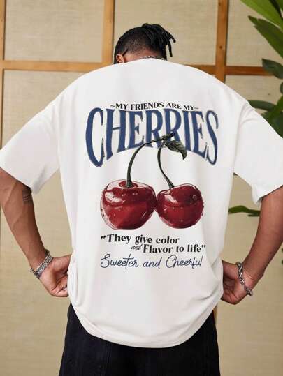 Manfinity Dauomo Men's Cherry Fruit Print Round Neck T-Shirt