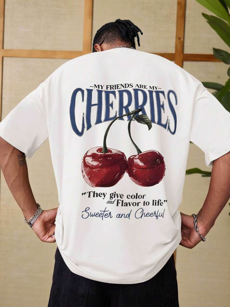 Manfinity Dauomo 男士樱桃水果印花圆领T恤 - 白色 - 查看 1