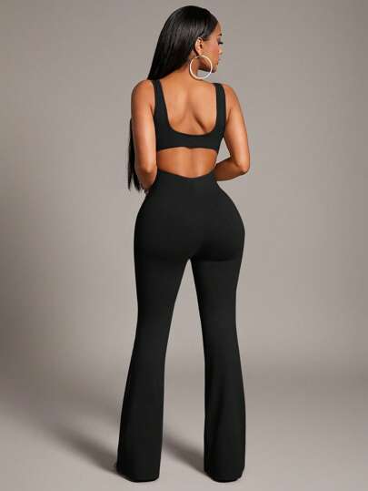 Radiana Women's Solid Color Backless Sleeveless Flared Jumpsuit Black Tall