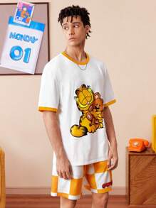 GARFIELD | SHEIN 男士休闲可爱卡通印花撞色宽松短袖T恤和棋盘格短裤套装，夏季 - 白色 - 查看 3