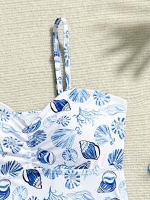 Tween Girls' Shell & Conch Pattern Printed Spaghetti Strap Bikini, Casual Beach, Pool, Party & Holiday Wear, Spring/Summer
