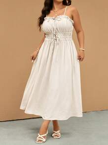 Elaquor 大码休闲度假系带荷叶边下摆束腰连衣裙