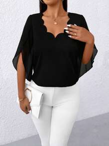 SHEIN Unity Women's Casual Tie-Dye Wave Collar Blouse, Flattering And Versatile - Black - View 3