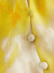 SHEIN MOD 扎染立领蝴蝶结修身中长连衣裙 - 黃色 - 查看 3