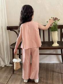 SHEIN LMoss Kids 青少年女孩休闲日常度假学院风粉色圆领褶饰吊带背心搭配宽松直筒裤套装，开学季 - 粉色 - 查看 2