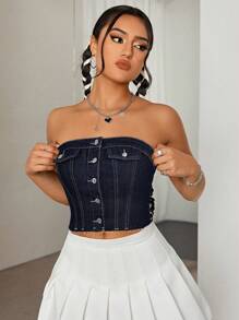 SHEIN ICON 女士时尚纽扣前短款牛仔背心 - 深色水洗藍 - 查看 4