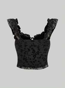 SHEIN CURVE+ 大码女式优雅花卉植绒网眼背心，夏季 - 黑色 - 查看 2