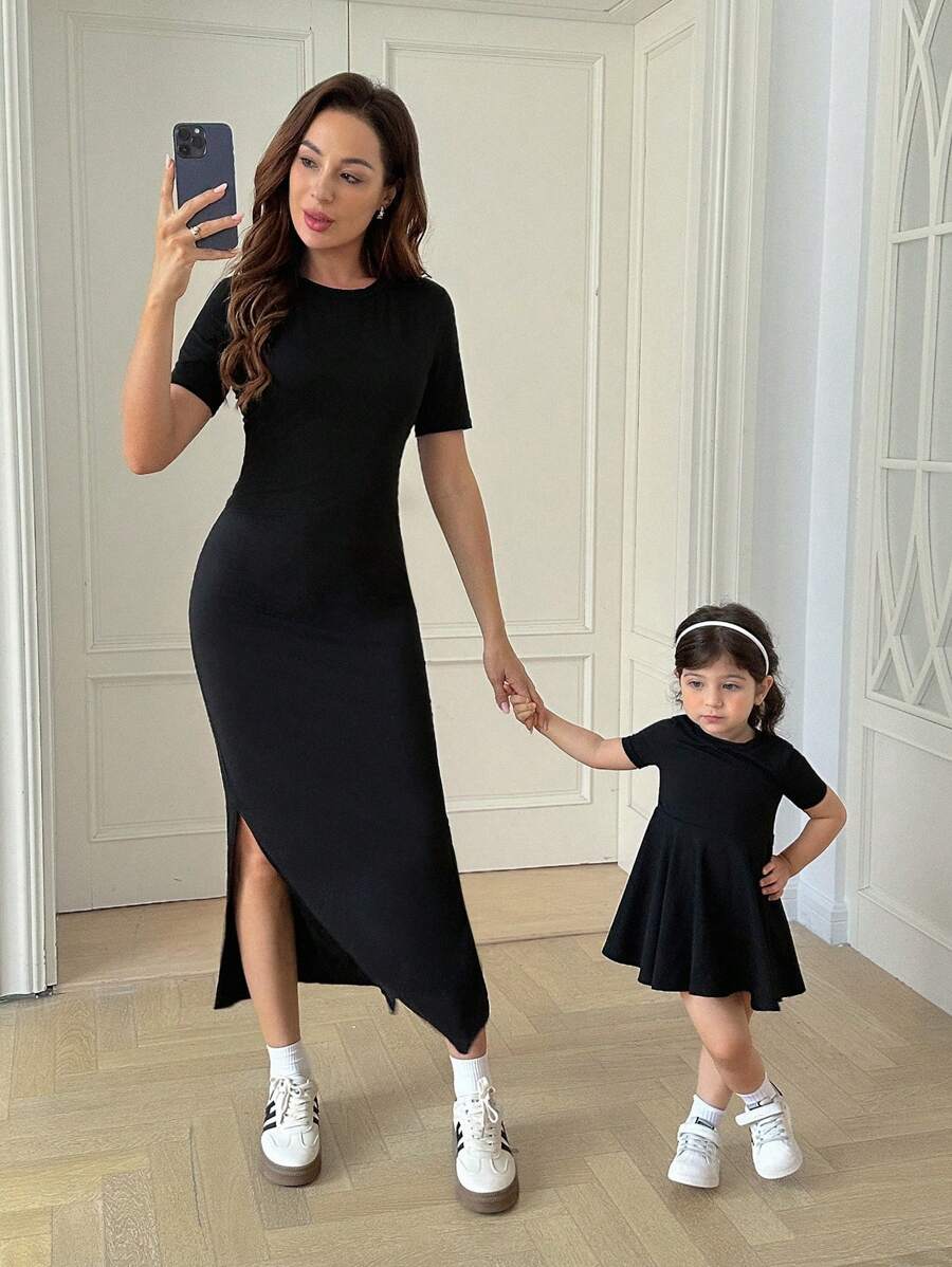 SHEIN Babygirl Cute & Elegant Black Short Sleeve Knit Dress, Summer - Black - View 1